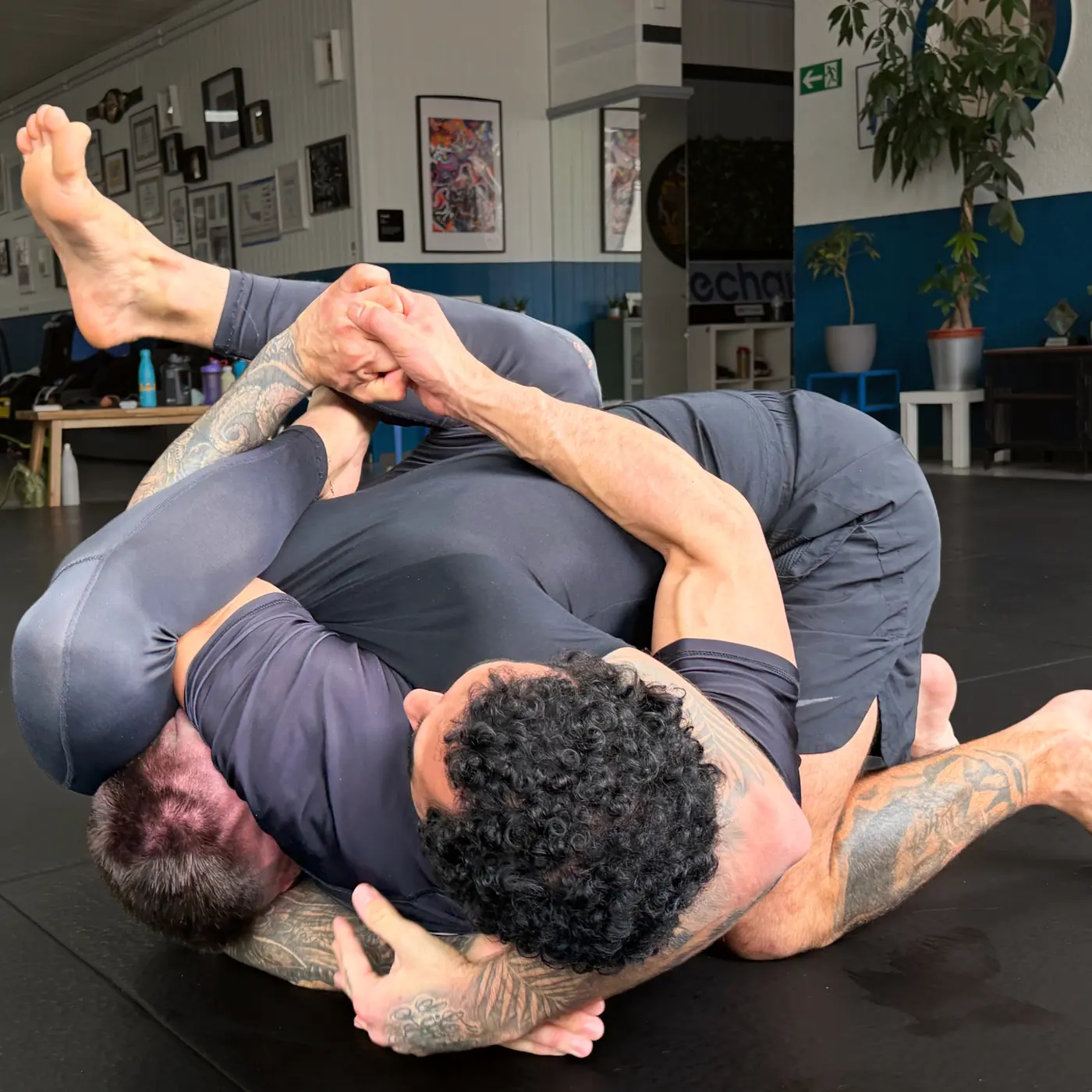 Cours de No-Gi à Lausanne : deux pratiquants en rashguard et short travaillent un contrôle au sol sans kimono à l'académie ATMA